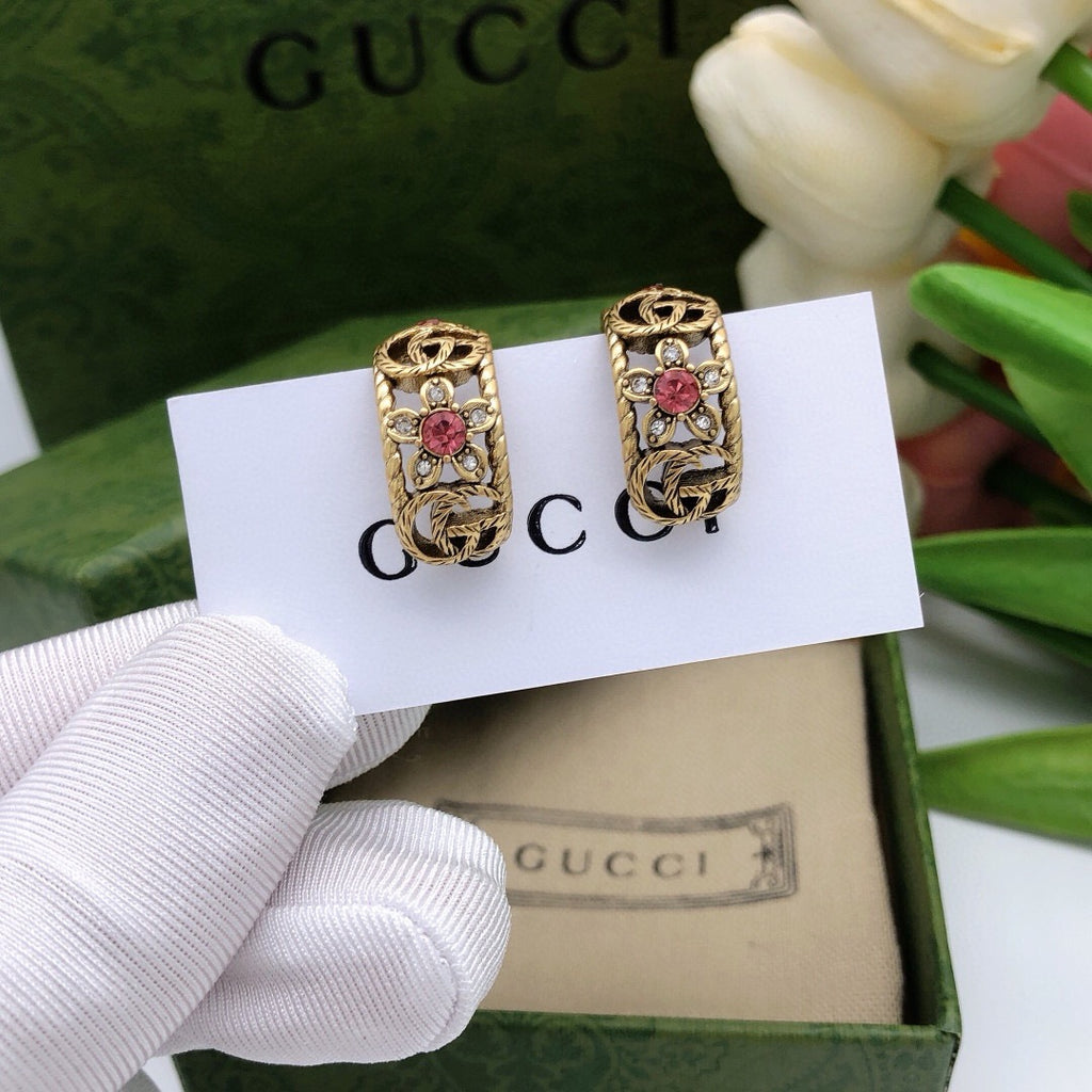 Geometric Emblem Stud Earrings in Polished Metal-Tone – Vintage Detail – Design 003 front product view