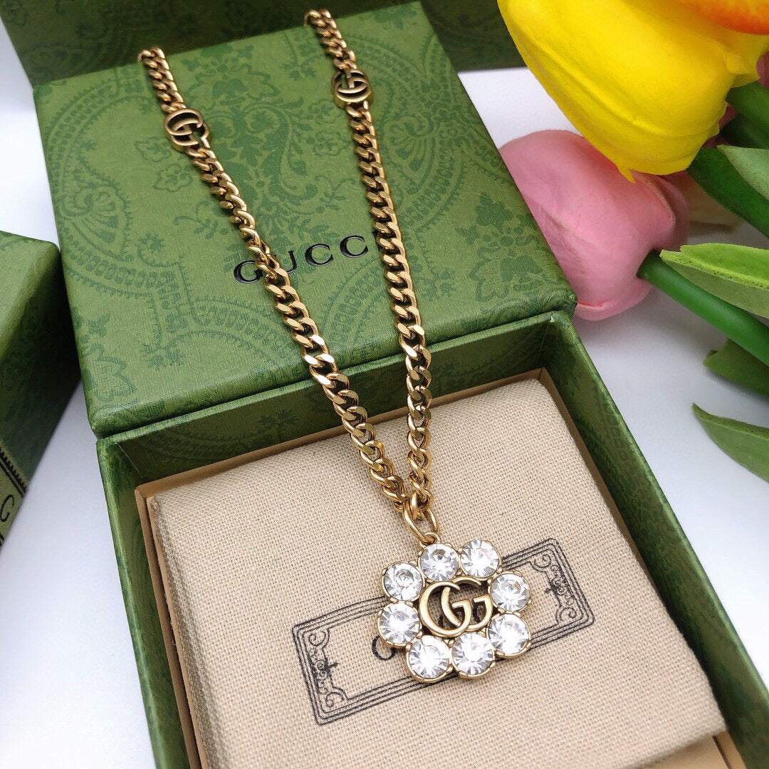 Geometric Emblem Pendant Necklace in Polished Metal-Tone – Crystal Detail main product view