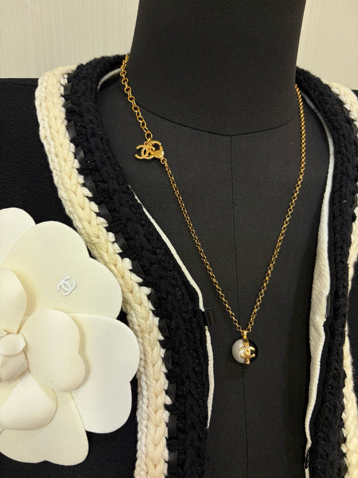 Double-C Emblem Pearl-Detail Pendant Necklace – Pearl Detail – Design 064 front product view