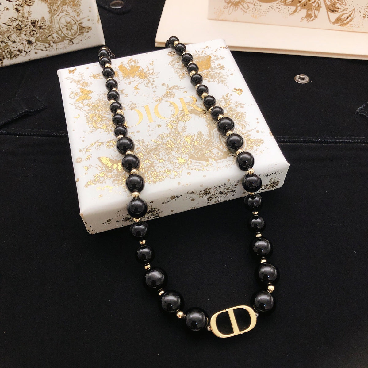 Pearl-Style Motif Pendant Necklace in Black-Tone with Pearl-Style Detail main product view