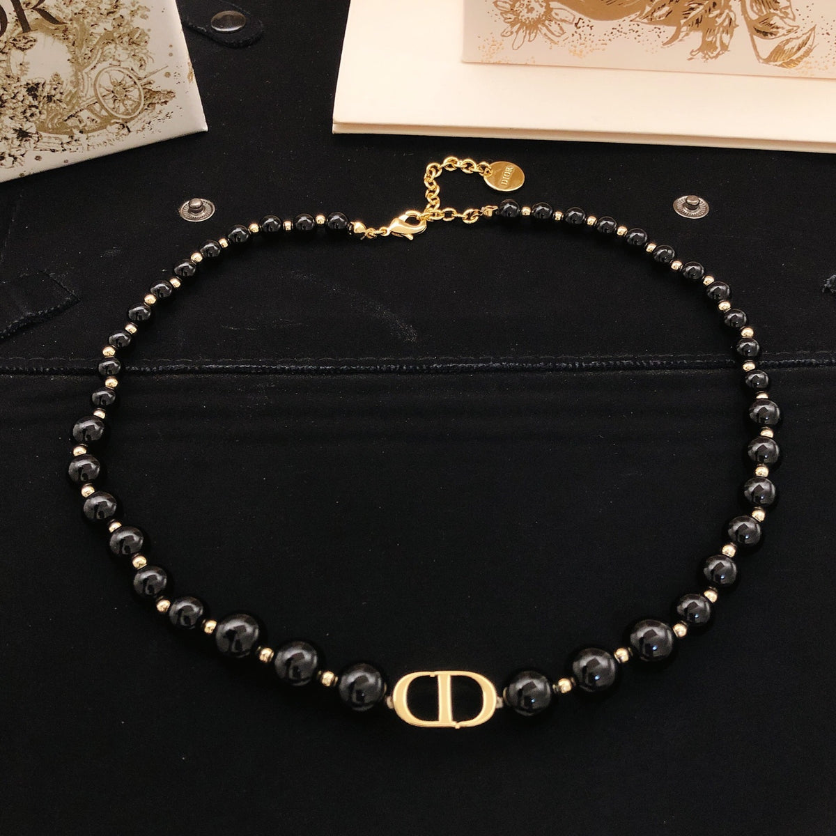 Pearl-Style Motif Pendant Necklace in Black-Tone with Pearl-Style Detail detail view