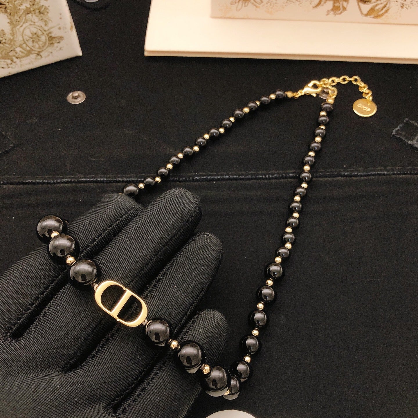Pearl-Style Motif Pendant Necklace in Black-Tone with Pearl-Style Detail side detail