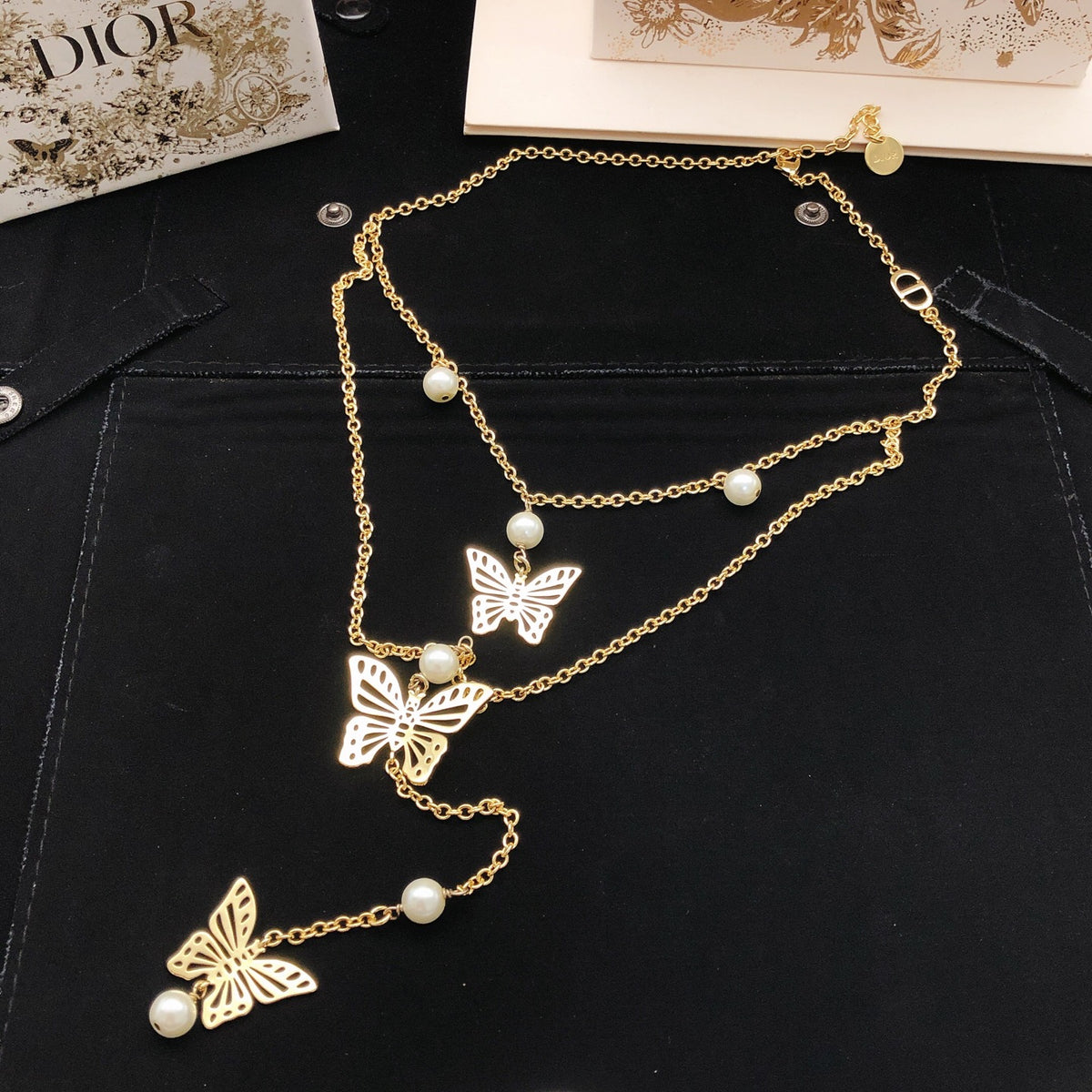Bow & Butterfly Motif Pendant Necklace in Gold-Tone with Layered Detail – Design 002 front view