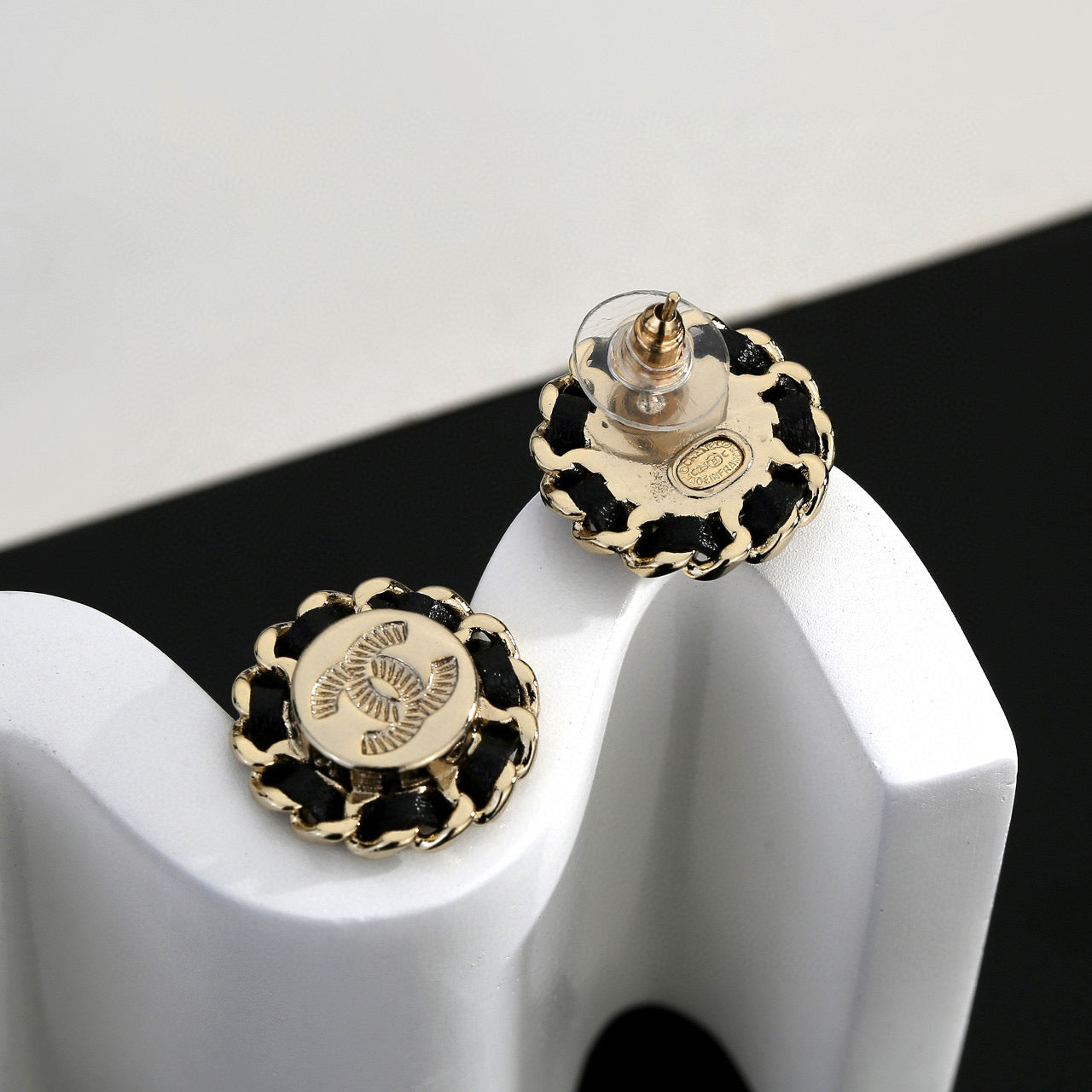 Double-C Emblem Stud Earrings in Gold-Tone – Design 017 close-up detail
