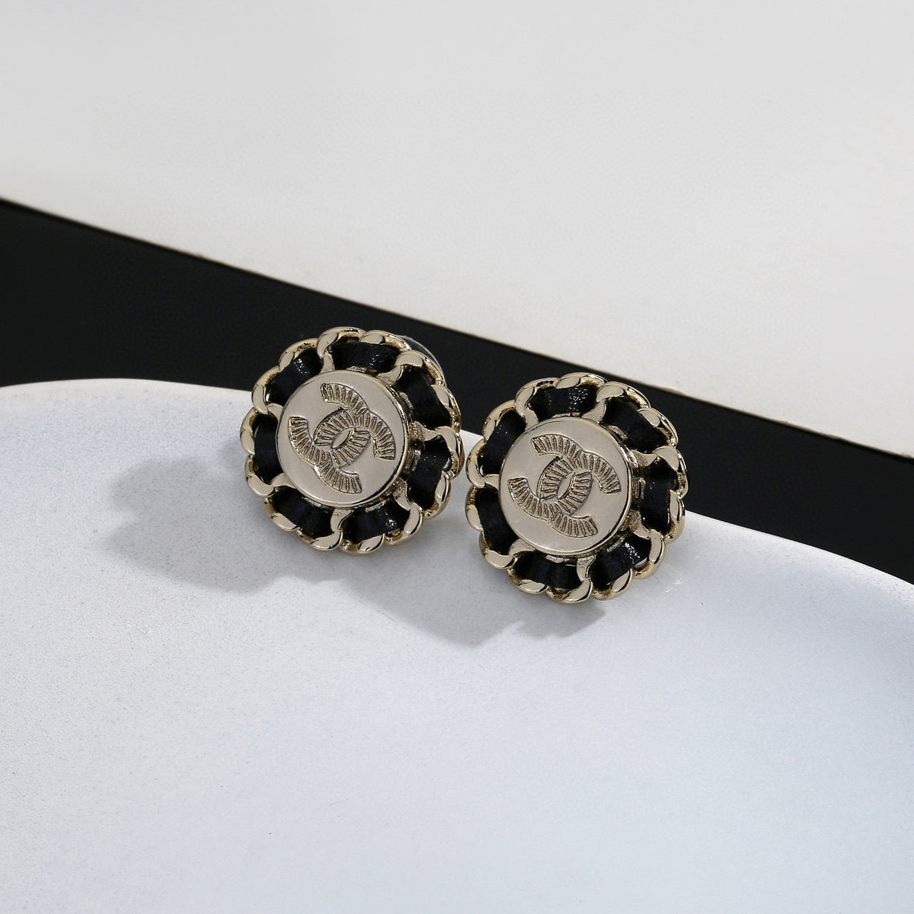 Double-C Emblem Stud Earrings in Gold-Tone – Design 017 styled product view
