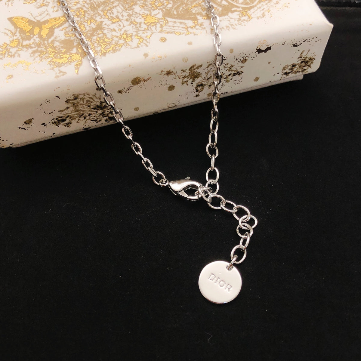 Graphic Letter Motif Pendant Necklace in Polished Metal-Tone with Crystal-Style Accents – Design 001 front view