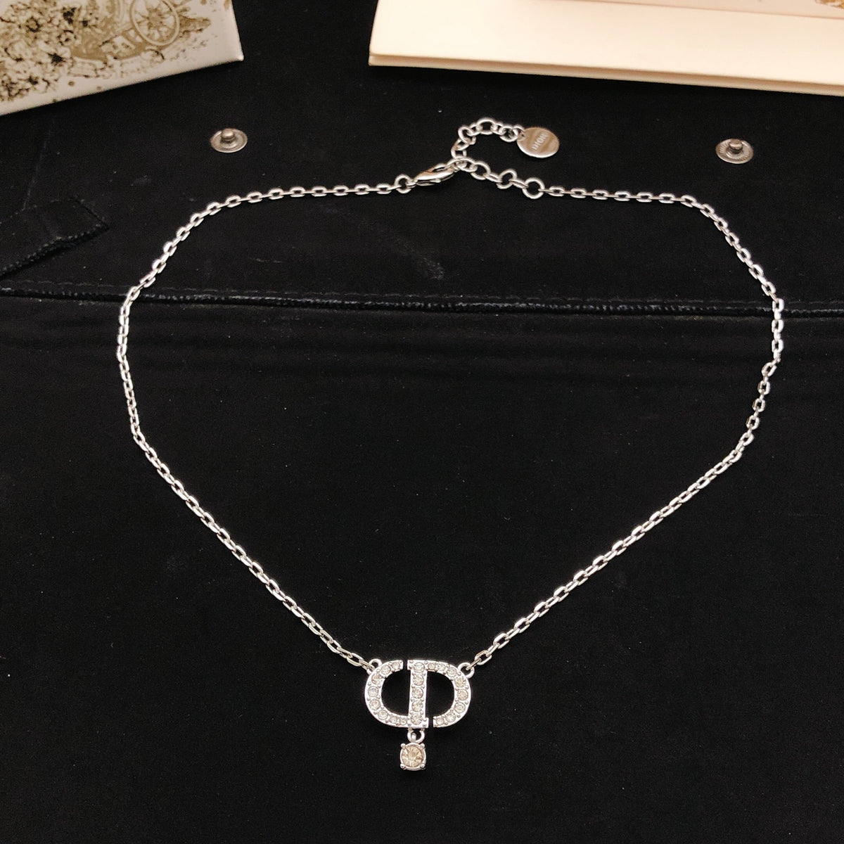 Graphic Letter Motif Pendant Necklace in Polished Metal-Tone with Crystal-Style Accents – Design 001 detail view