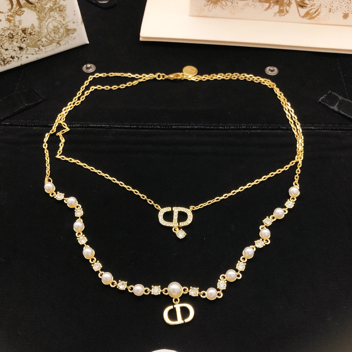 Pearl-Style Motif Pendant Necklace in Gold-Tone with Pearl-Style Detail – Design 002 styled view