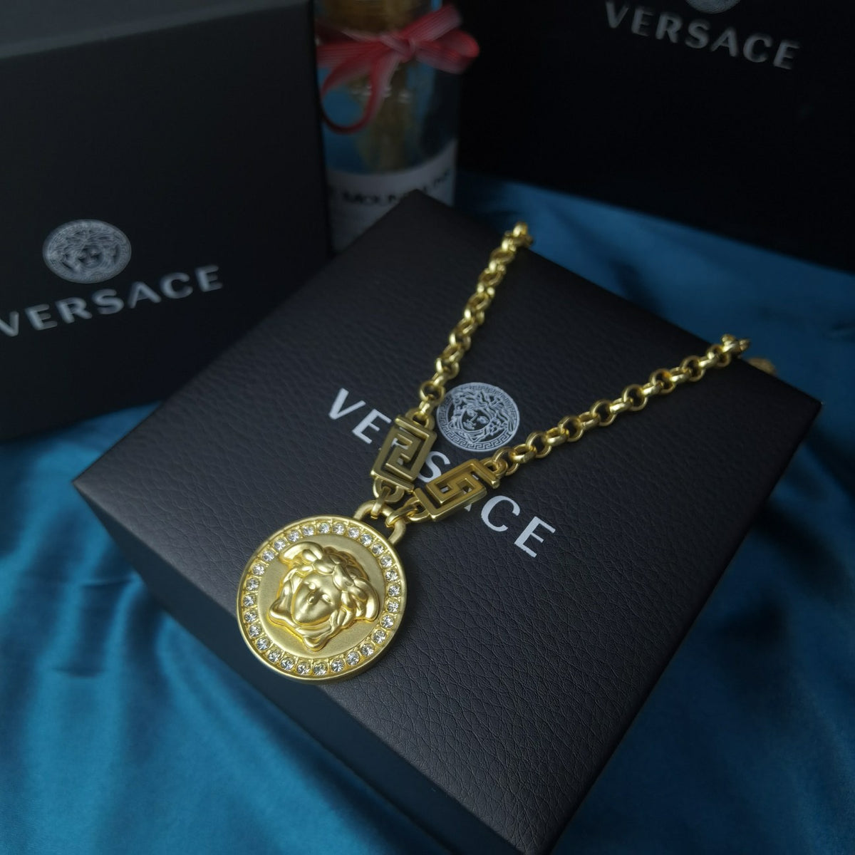 Statement Emblem Pendant Necklace in Polished Metal-Tone detail view