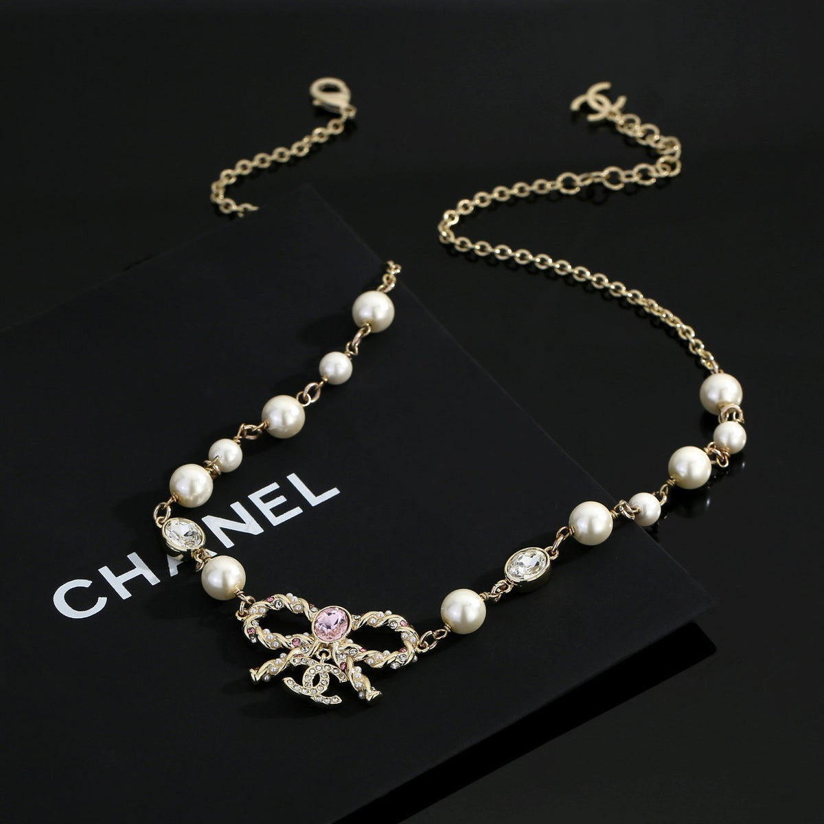 Bow Pearl-Detail Pendant Necklace – Pearl Detail – Design 005 front product view