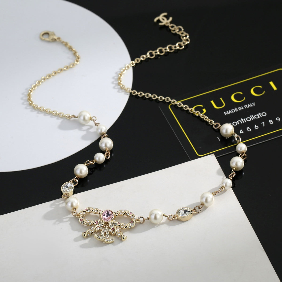 Bow Pearl-Detail Pendant Necklace – Pearl Detail – Design 005 side detail
