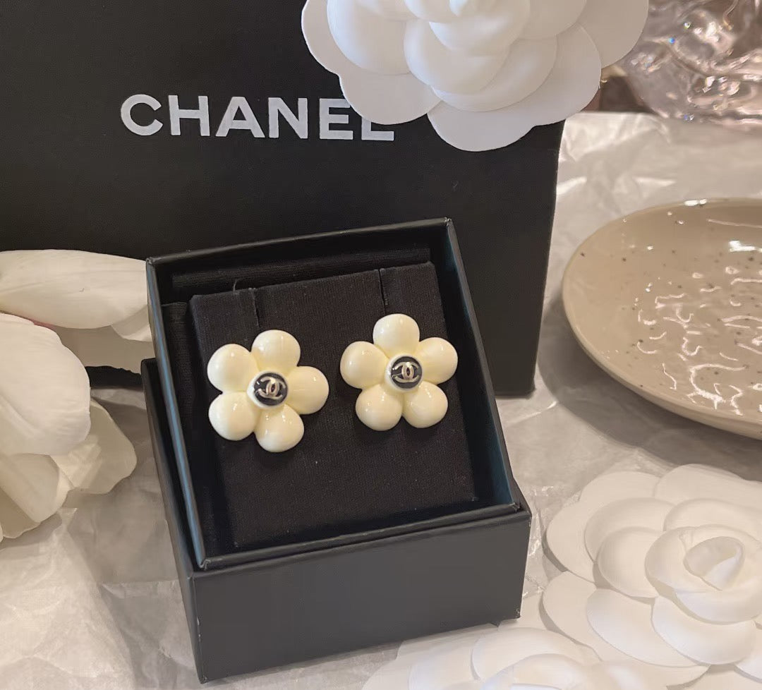 Camellia Stud Earrings in Polished Metal-Tone – Camellia Detail – Design 040 front product view