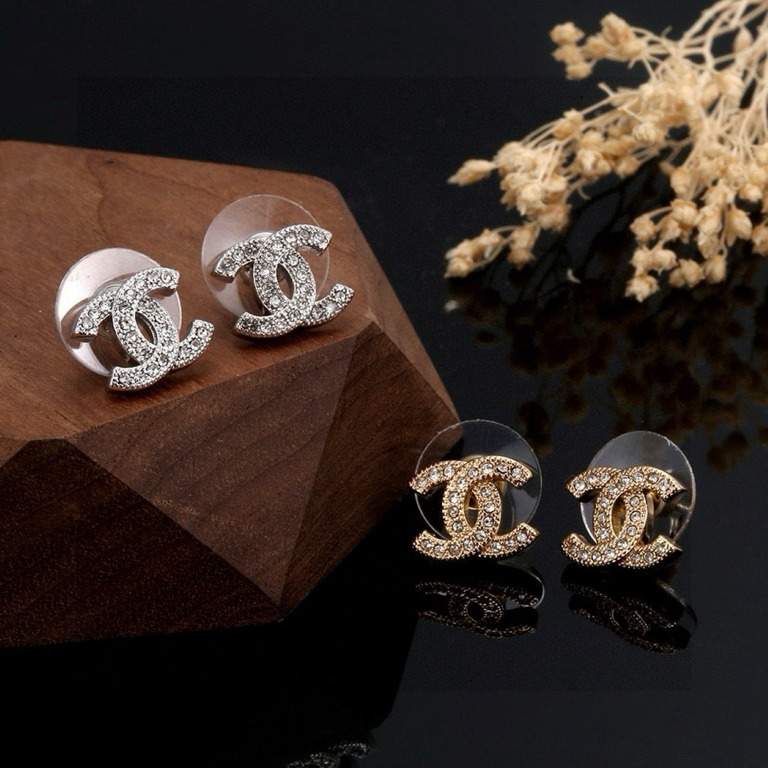 Double-C Emblem Stud Earrings in Silver-Tone – Design 004 front product view
