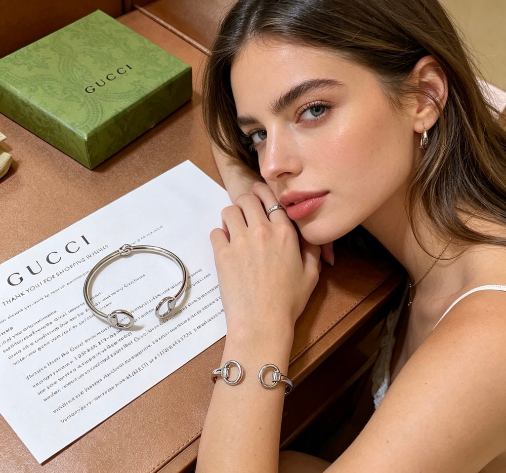 Double-G Emblem Bangle in Polished Metal-Tone – Design 018 styled product view