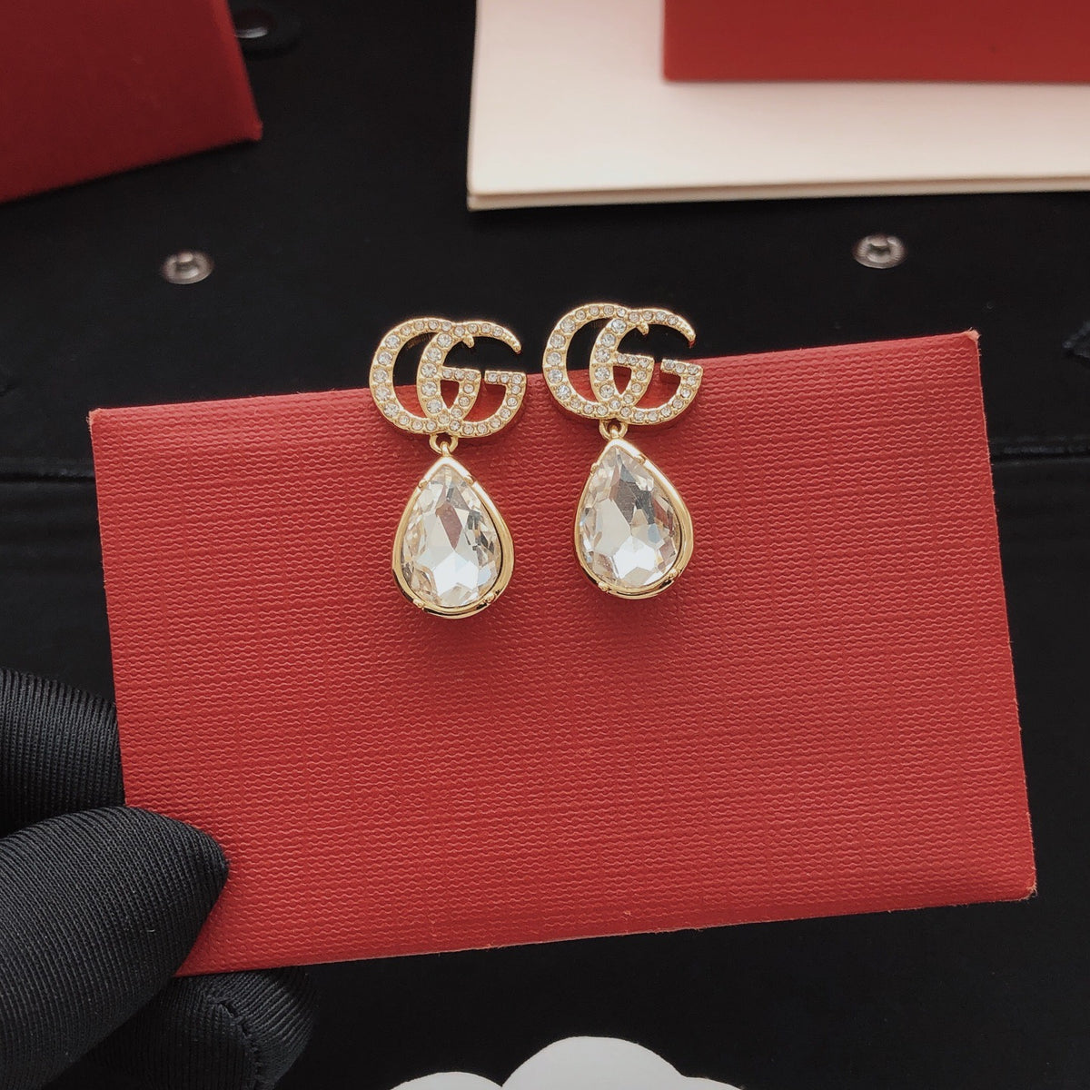 Geometric Emblem Stud Earrings in Gold-Tone – Design 003 detail view