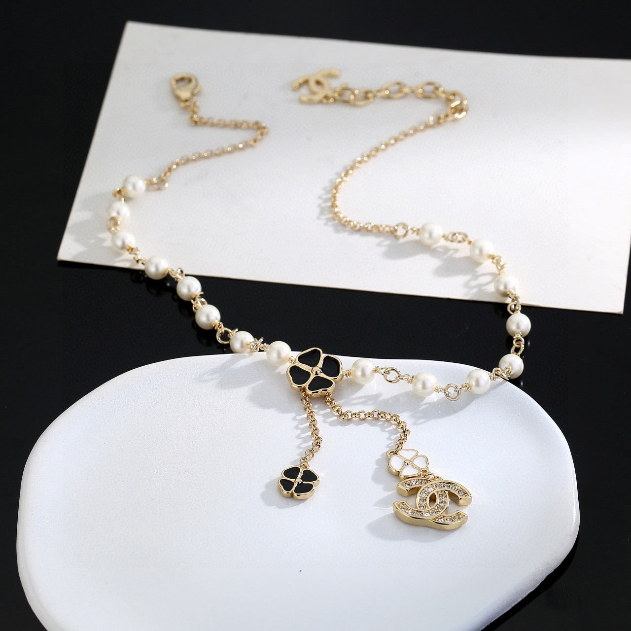 Double-C Emblem Pearl-Detail Pendant Necklace – Pearl Detail – Design 063 close-up detail