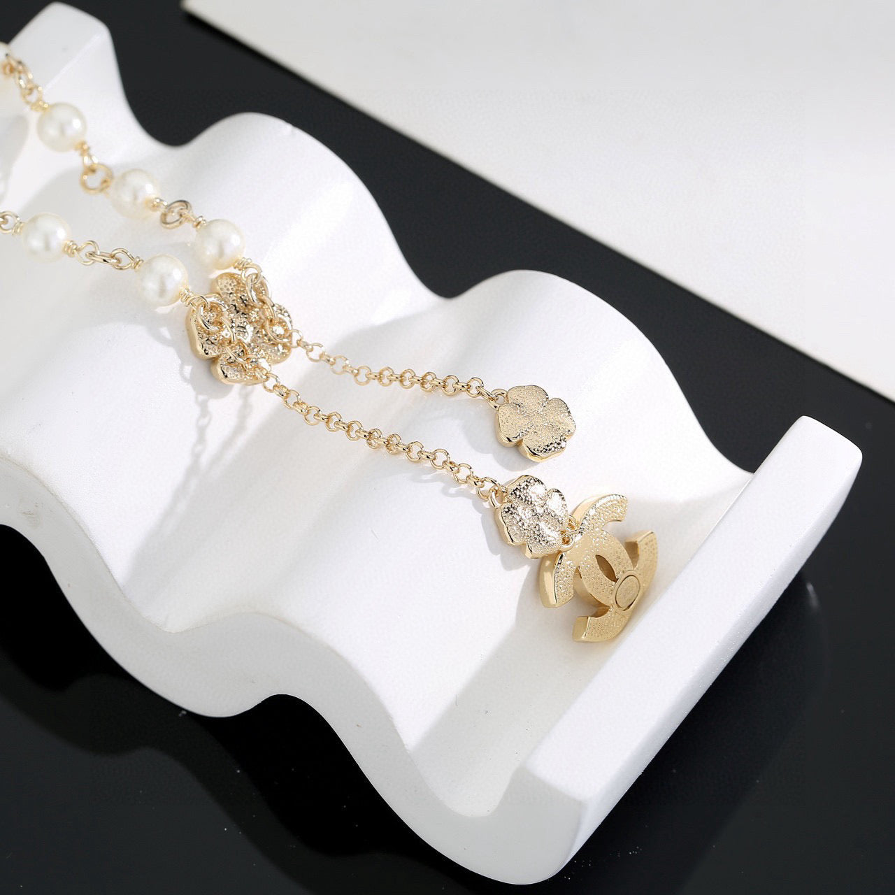 Double-C Emblem Pearl-Detail Pendant Necklace – Pearl Detail – Design 063 side detail