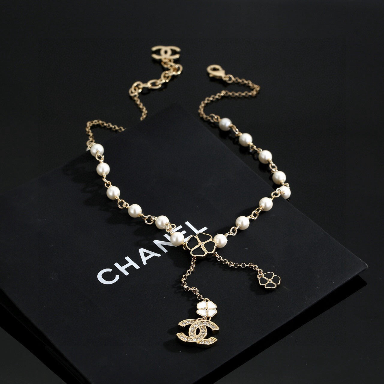 Double-C Emblem Pearl-Detail Pendant Necklace – Pearl Detail – Design 063 front product view
