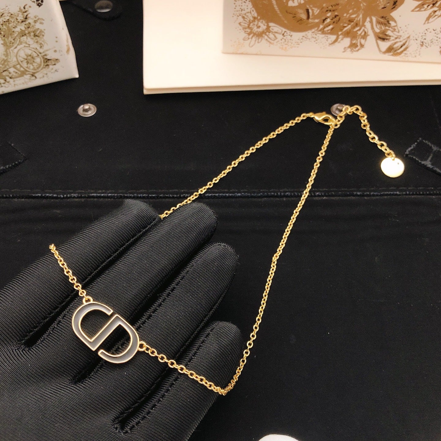 Graphic Letter Motif Pendant Necklace in Black-Tone detail view