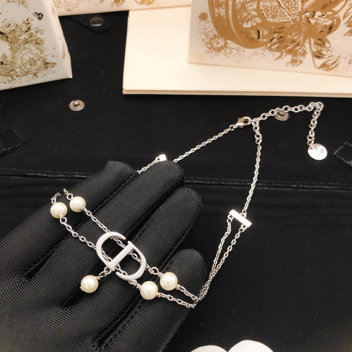 Pearl-Style Motif Pendant Necklace in Polished Metal-Tone with Pearl-Style Detail – Design 013 side detail