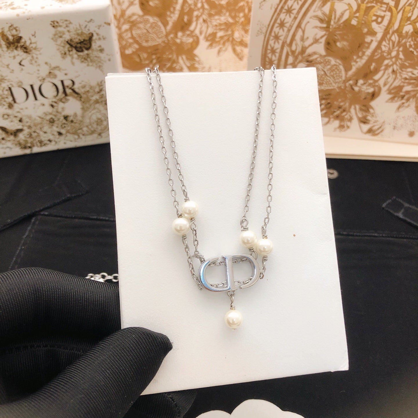 Pearl-Style Motif Pendant Necklace in Polished Metal-Tone with Pearl-Style Detail – Design 013 styled view