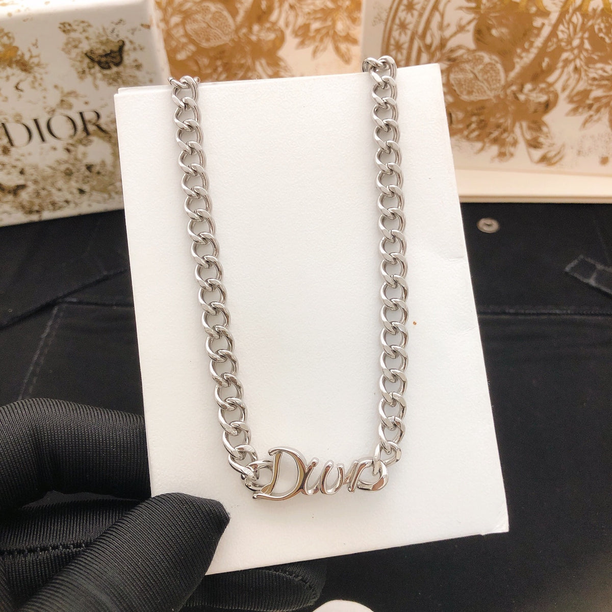 Graphic Letter Motif Pendant Necklace in Silver-Tone – Design 003 styled view
