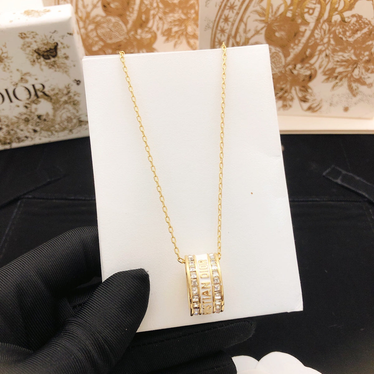 Sculptural Pendant Necklace in Polished Metal-Tone with Crystal-Style Accents – Design 003 styled view