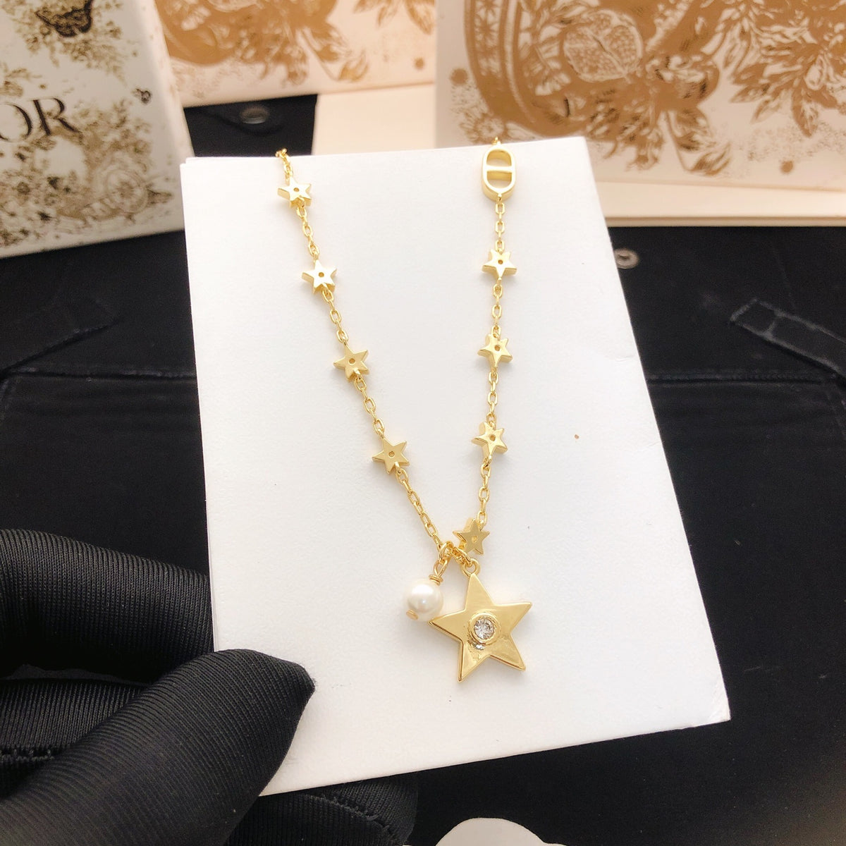 Star Motif Pendant Necklace in Polished Metal-Tone – Design 002 styled view