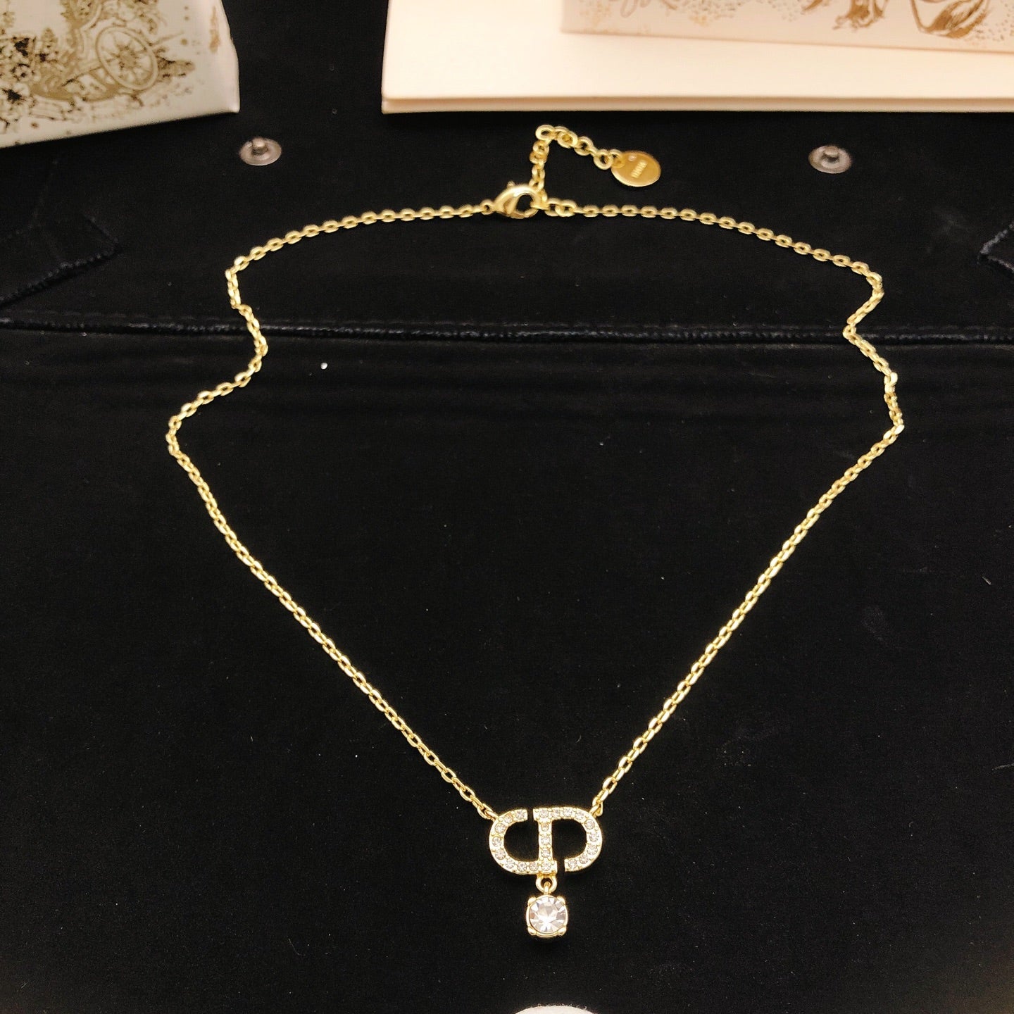 Graphic Letter Motif Pendant Necklace in Polished Metal-Tone with Crystal-Style Accents – Design 003 detail view