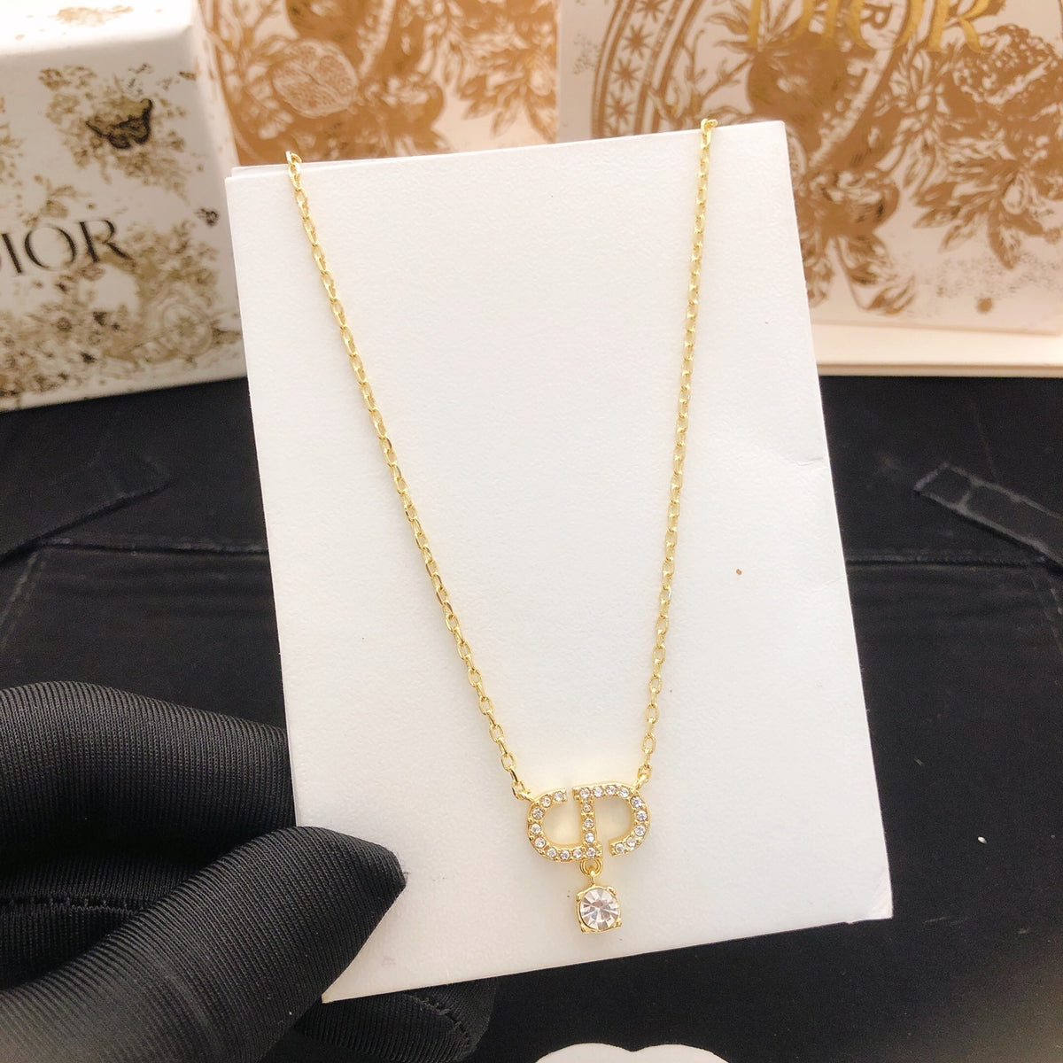 Graphic Letter Motif Pendant Necklace in Polished Metal-Tone with Crystal-Style Accents – Design 003 styled view