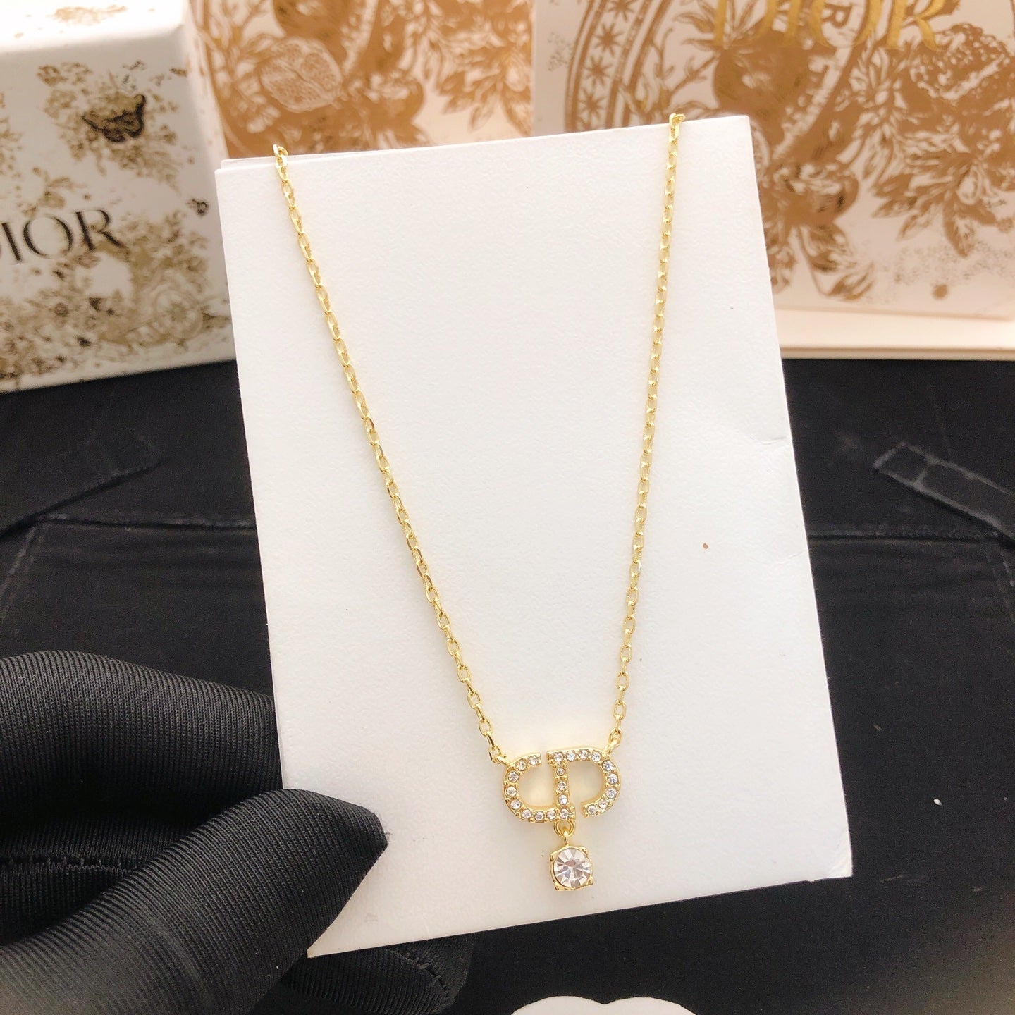 Graphic Letter Motif Pendant Necklace in Polished Metal-Tone with Crystal-Style Accents – Design 007 styled view
