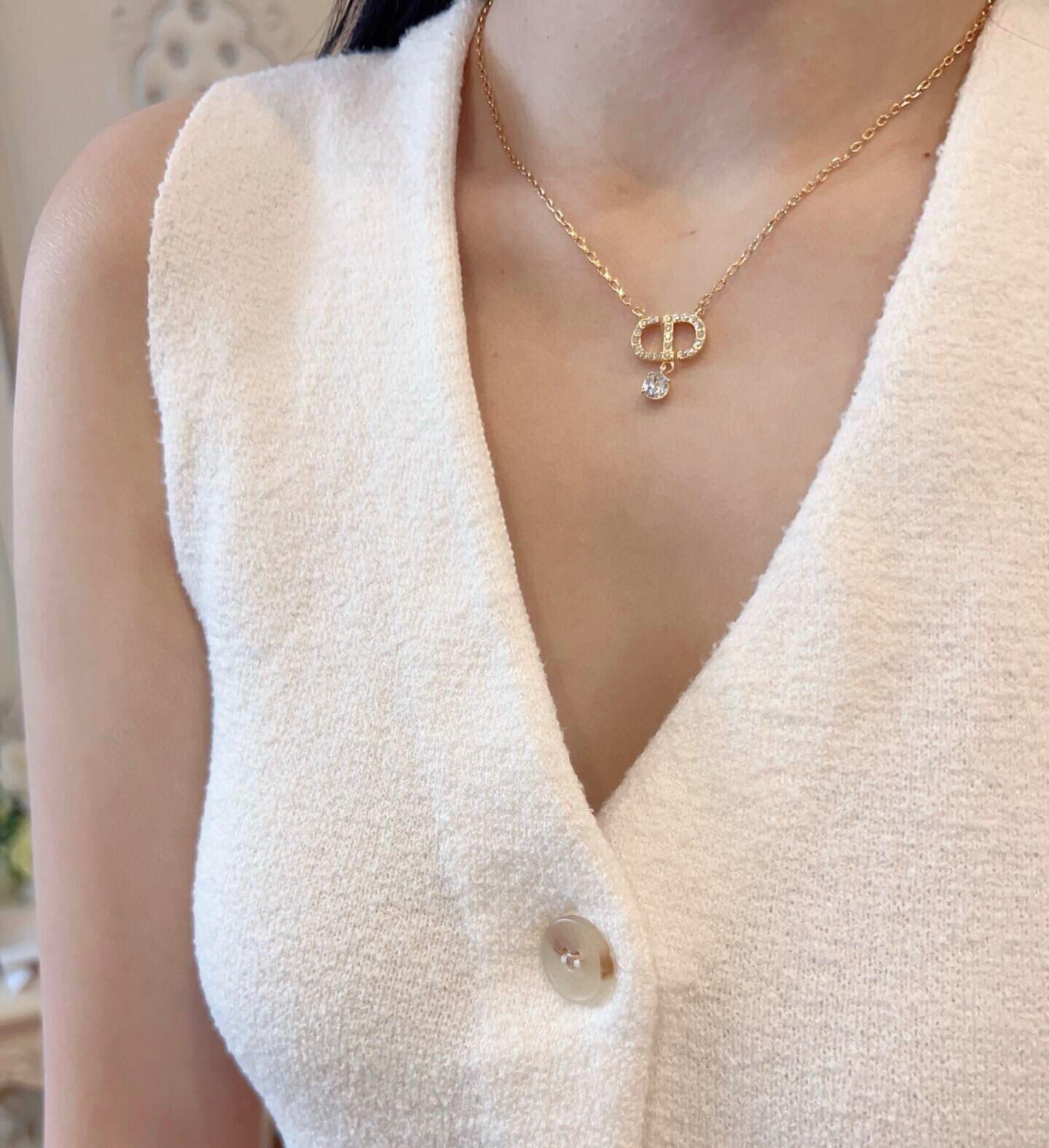 Graphic Letter Motif Pendant Necklace in Polished Metal-Tone with Crystal-Style Accents – Design 003 close-up detail