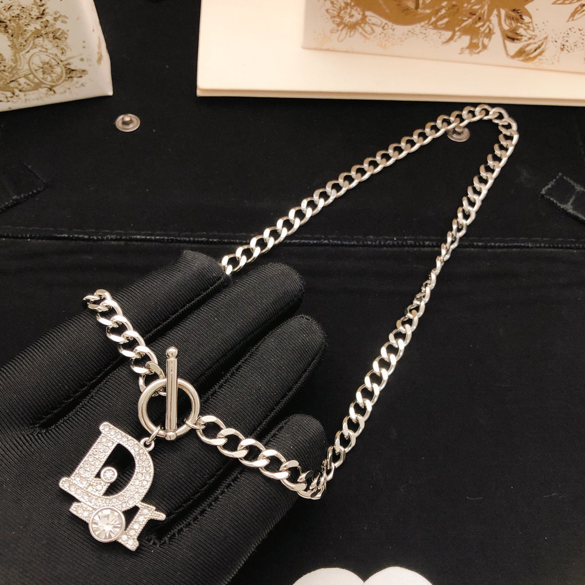 Graphic Letter Motif Pendant Necklace in Silver-Tone – Design 001 side detail