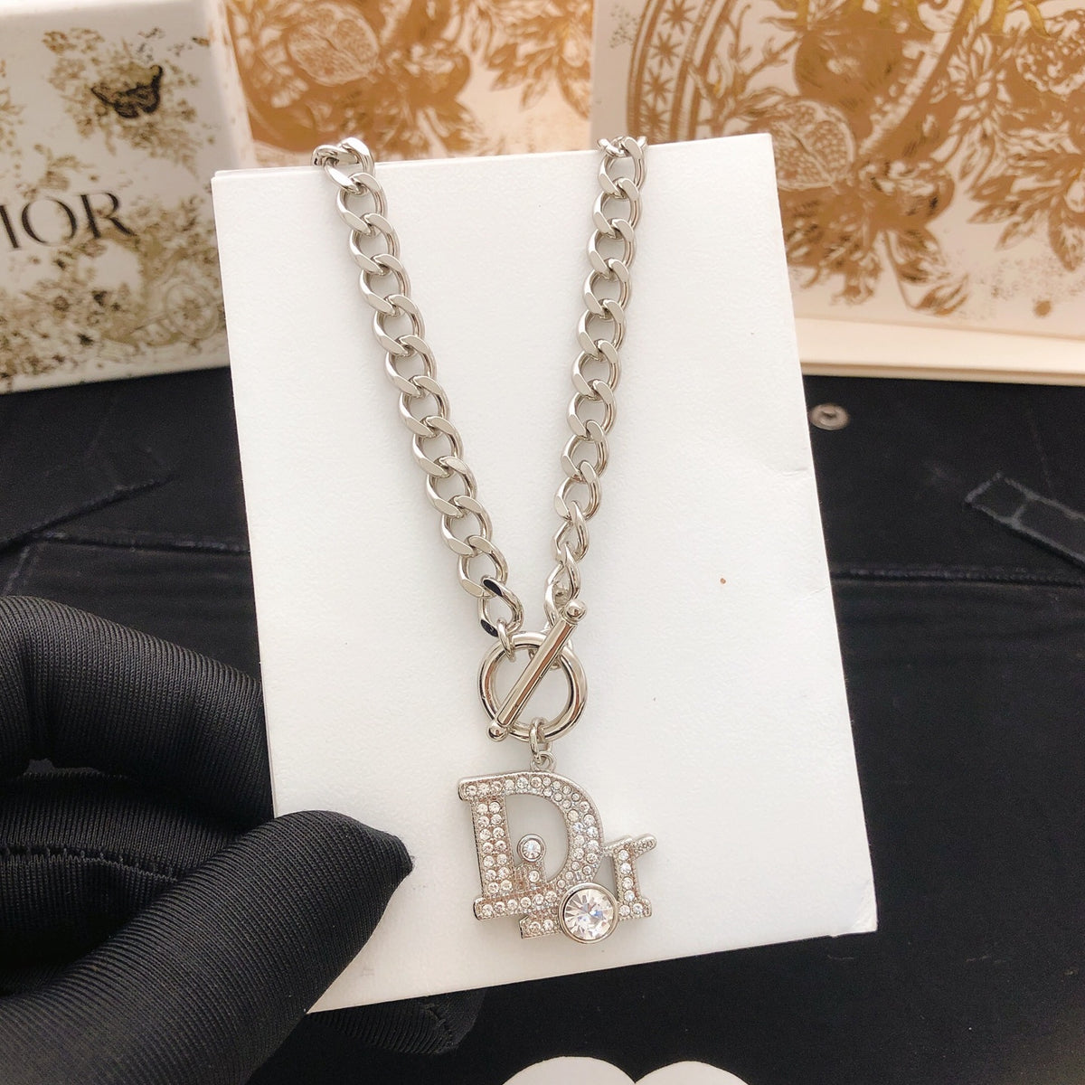 Graphic Letter Motif Pendant Necklace in Silver-Tone – Design 001 styled view