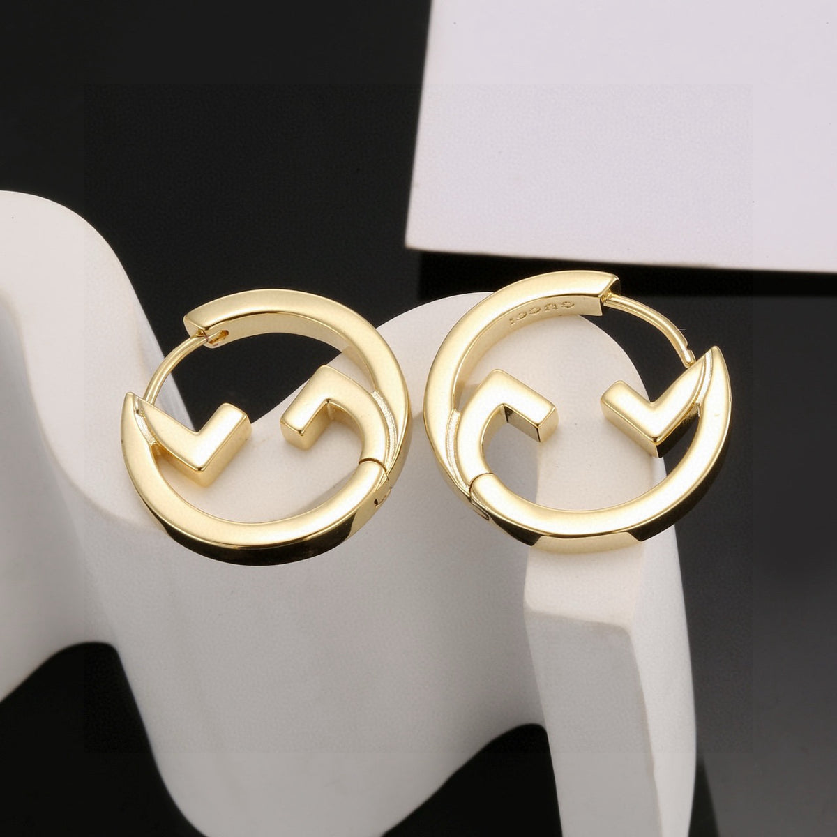 Geometric Emblem Stud Earrings in Polished Metal-Tone – Design 034 close-up detail