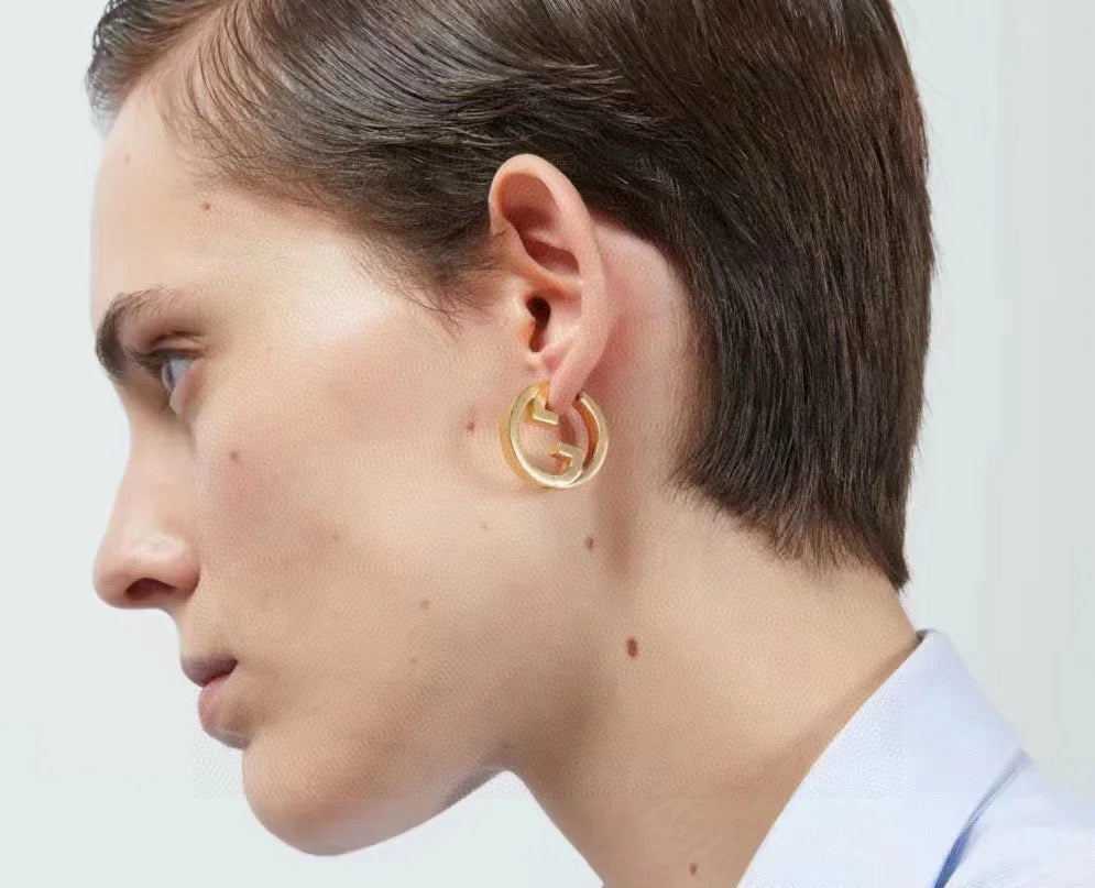 Geometric Emblem Stud Earrings in Polished Metal-Tone – Design 034 side detail