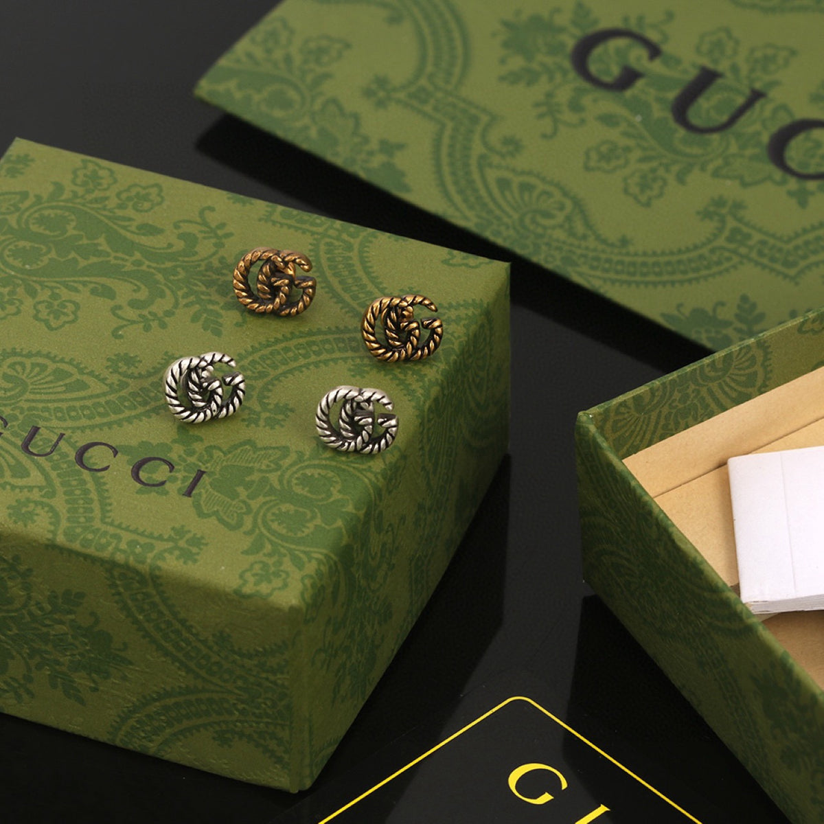 Geometric Emblem Stud Earrings in Polished Metal-Tone – Design 033 detail view