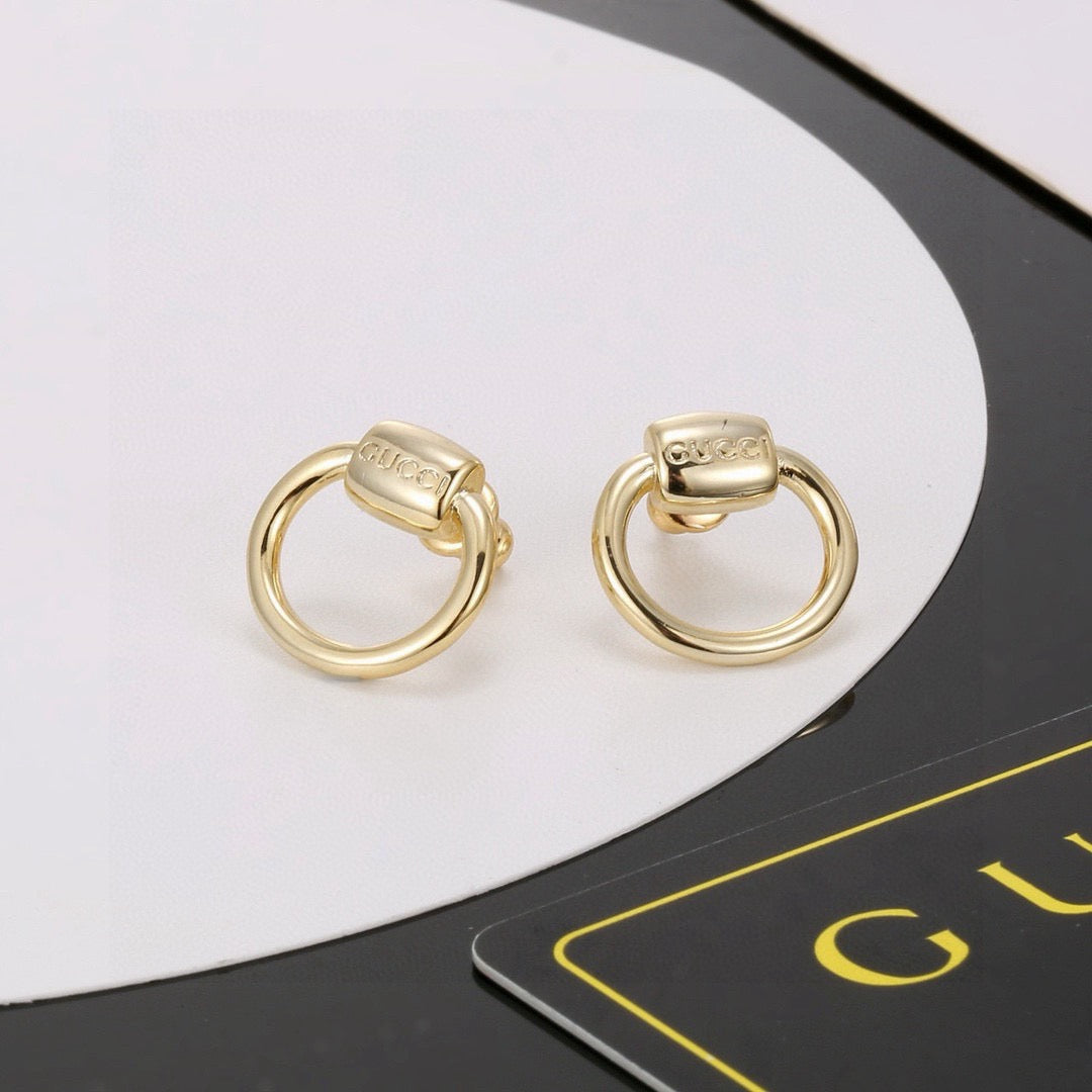 Geometric Emblem Stud Earrings in Polished Metal-Tone – Design 032 close-up detail