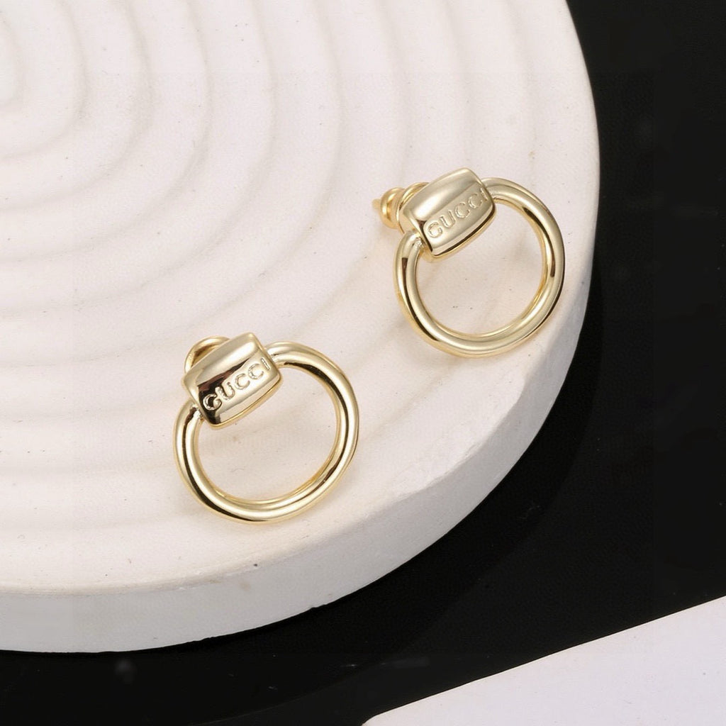 Geometric Emblem Stud Earrings in Polished Metal-Tone – Design 032 detail view