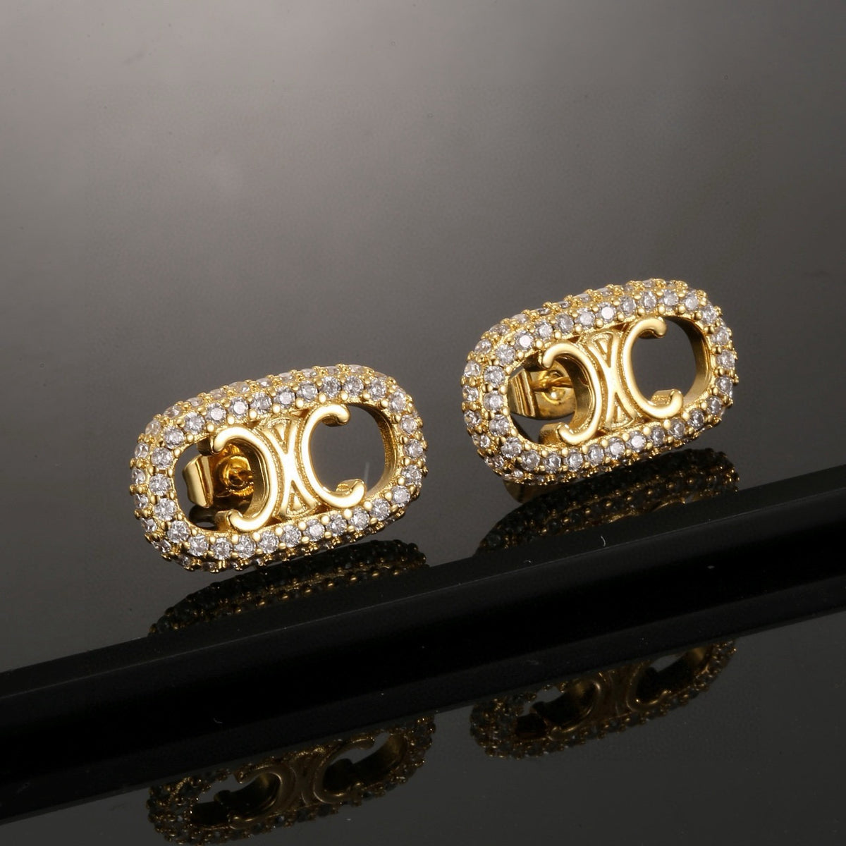 Signature Emblem Stud Earrings in Gold-Tone – Design 05 front view