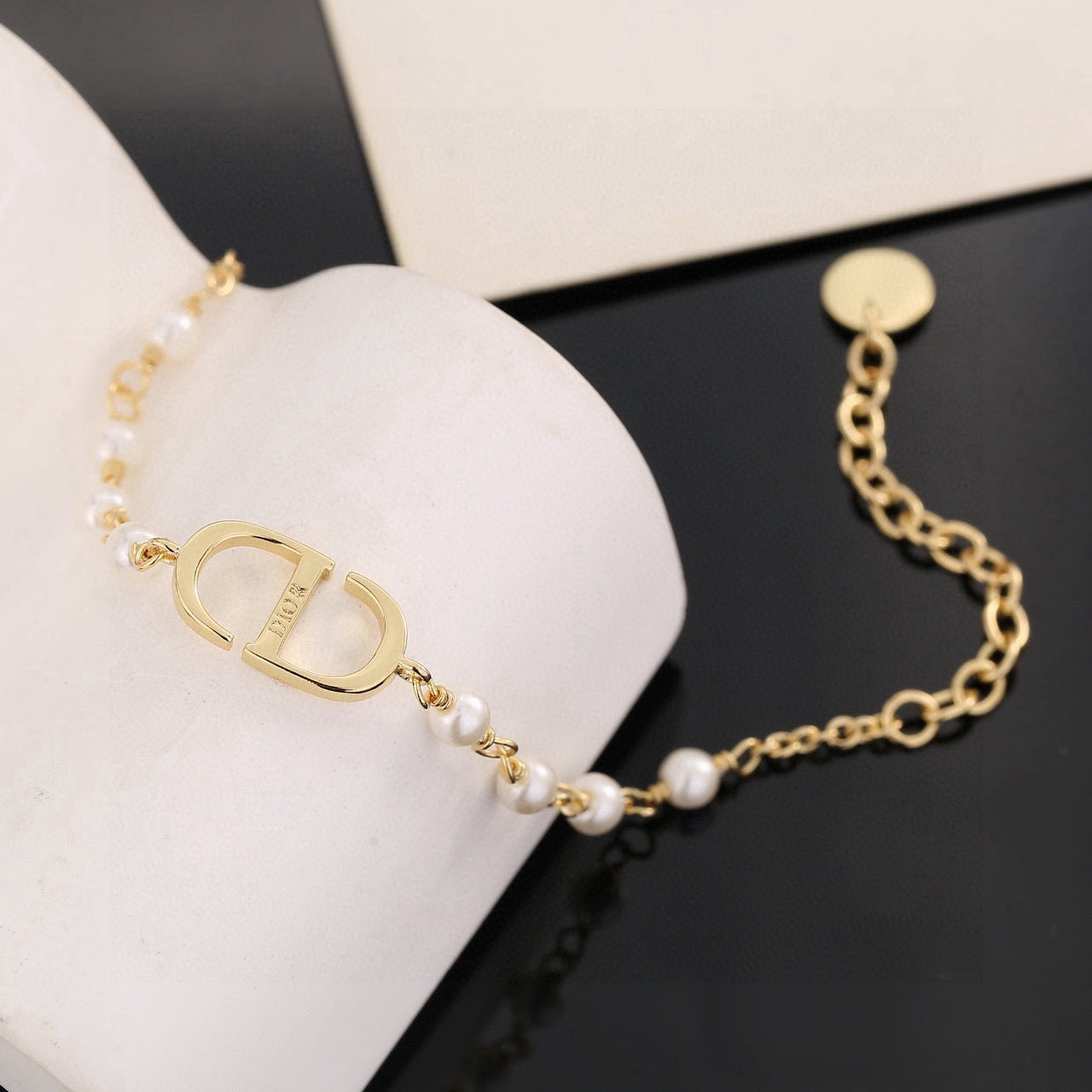 Pearl-Style Motif Statement Bracelet in Polished Metal-Tone with Pearl-Style Detail – Design 009 front view