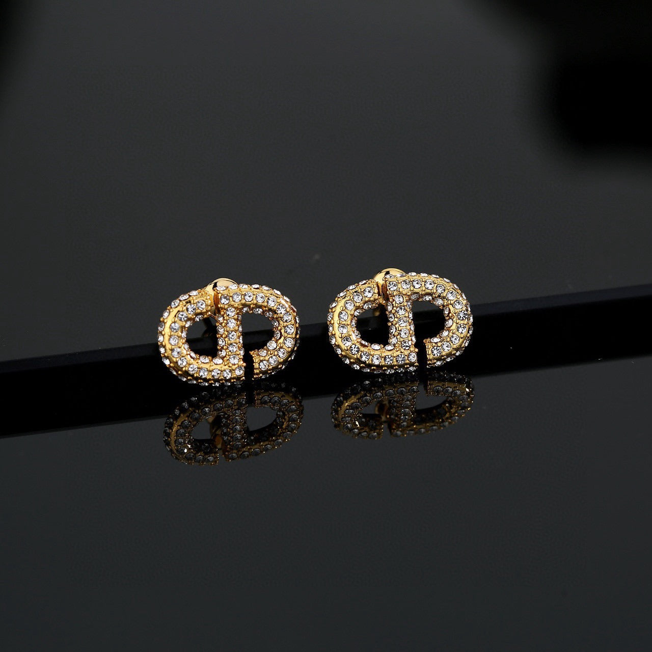 Graphic Letter Motif Stud Earrings in Polished Metal-Tone with Vintage-Style Finish – Design 010 main product view