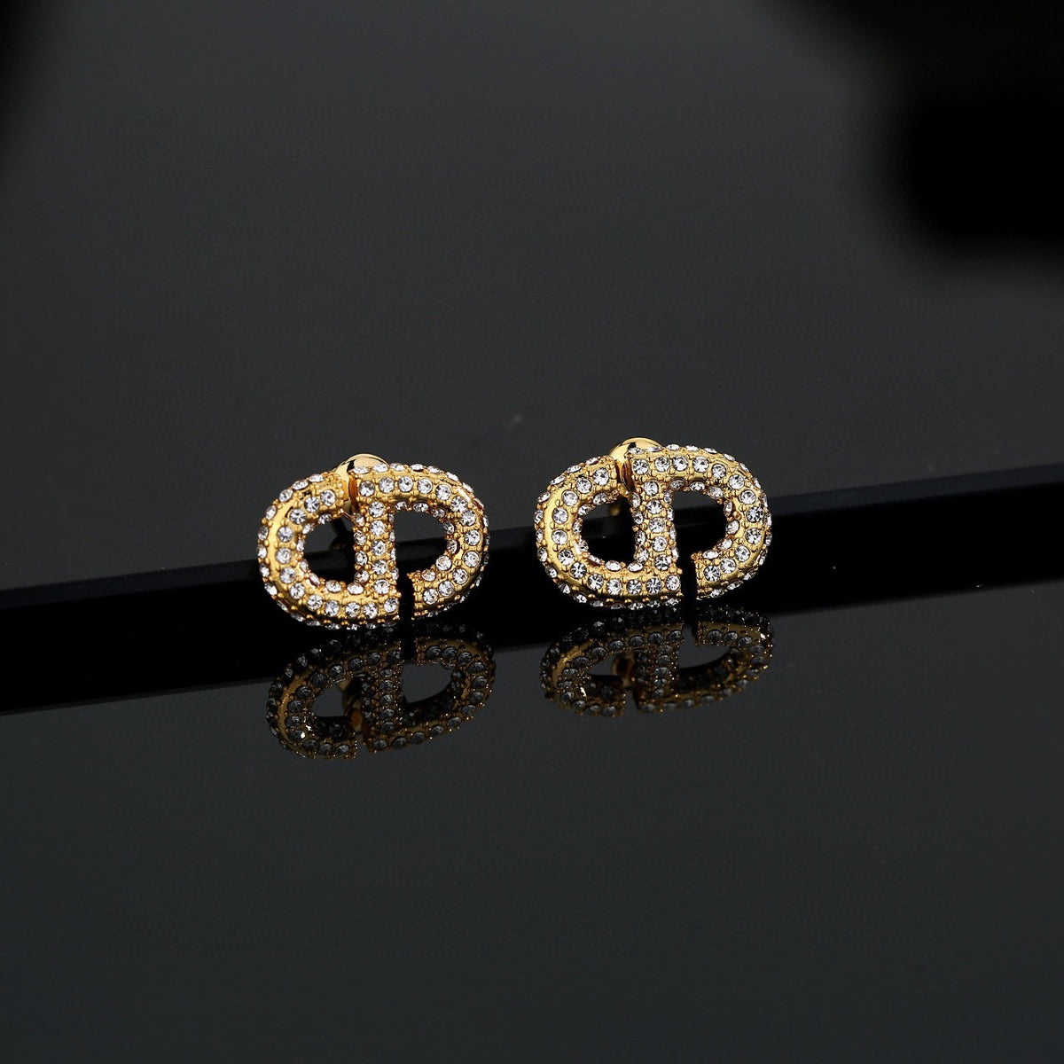Graphic Letter Motif Stud Earrings in Polished Metal-Tone with Vintage-Style Finish – Design 010 main product view