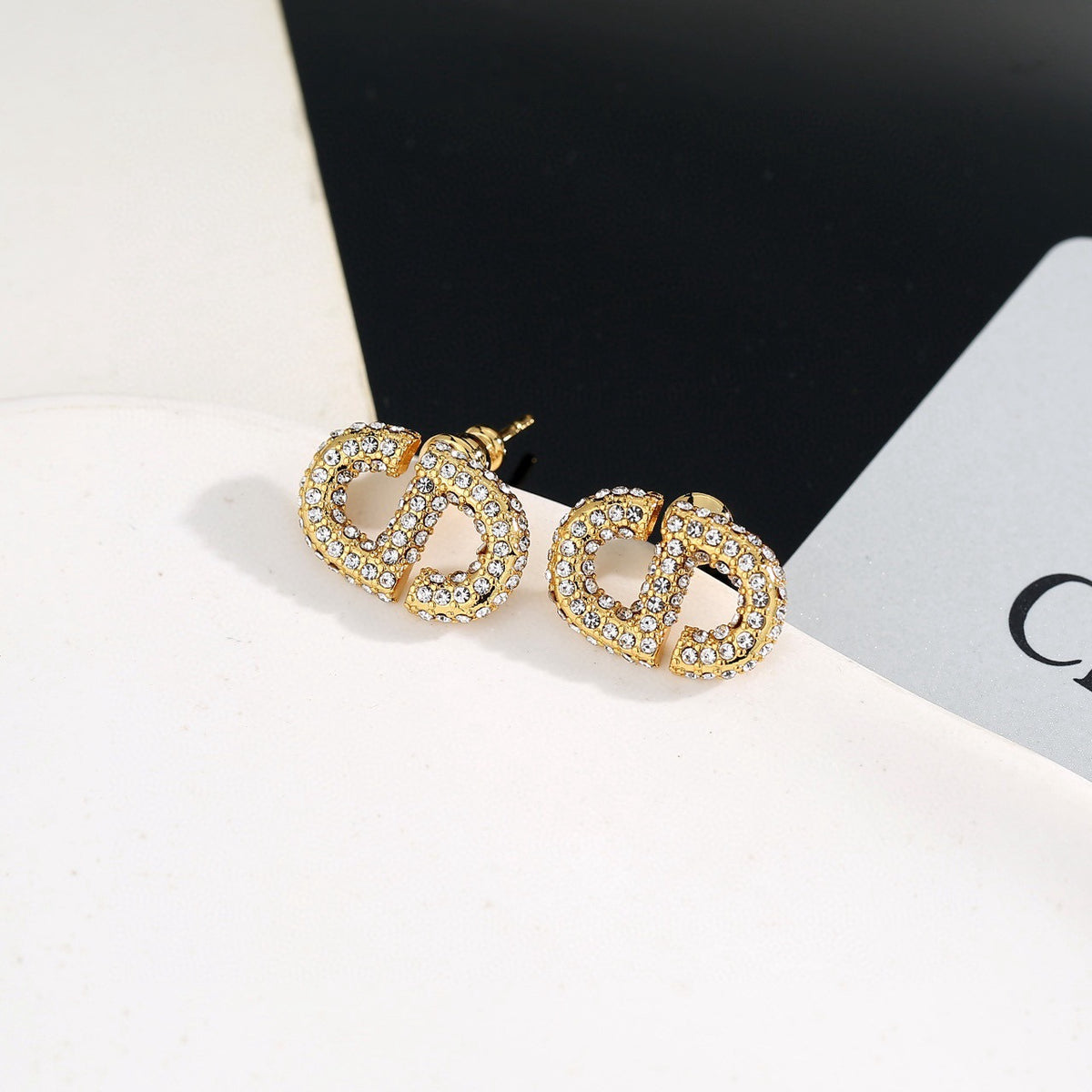 Graphic Letter Motif Stud Earrings in Polished Metal-Tone with Vintage-Style Finish – Design 010 close-up detail