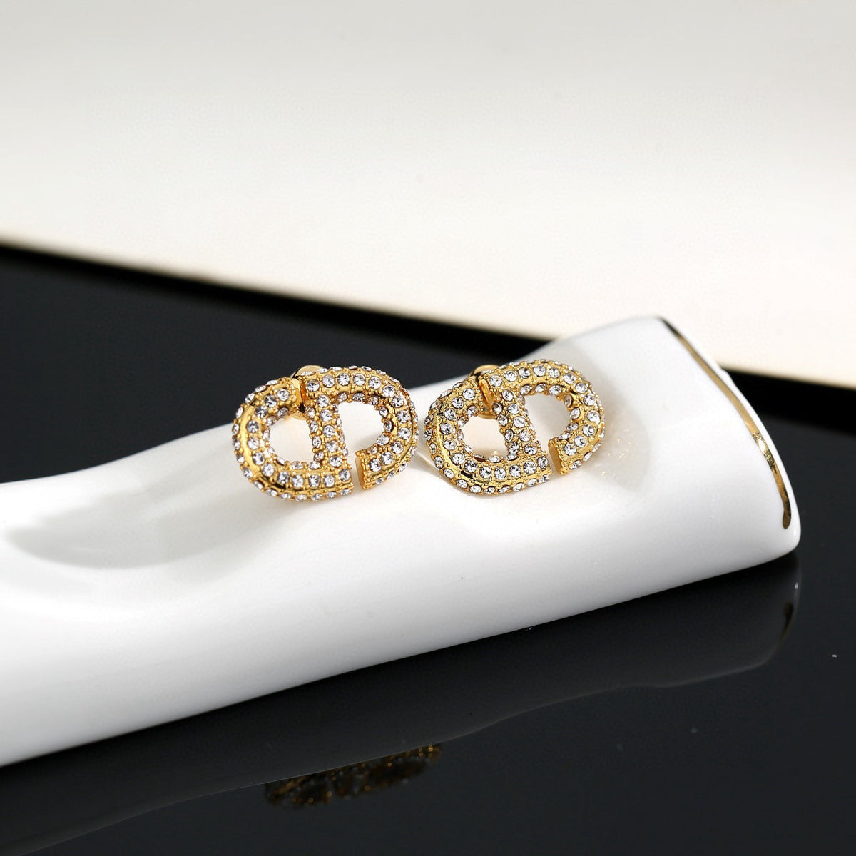 Graphic Letter Motif Stud Earrings in Polished Metal-Tone with Vintage-Style Finish – Design 008 detail view