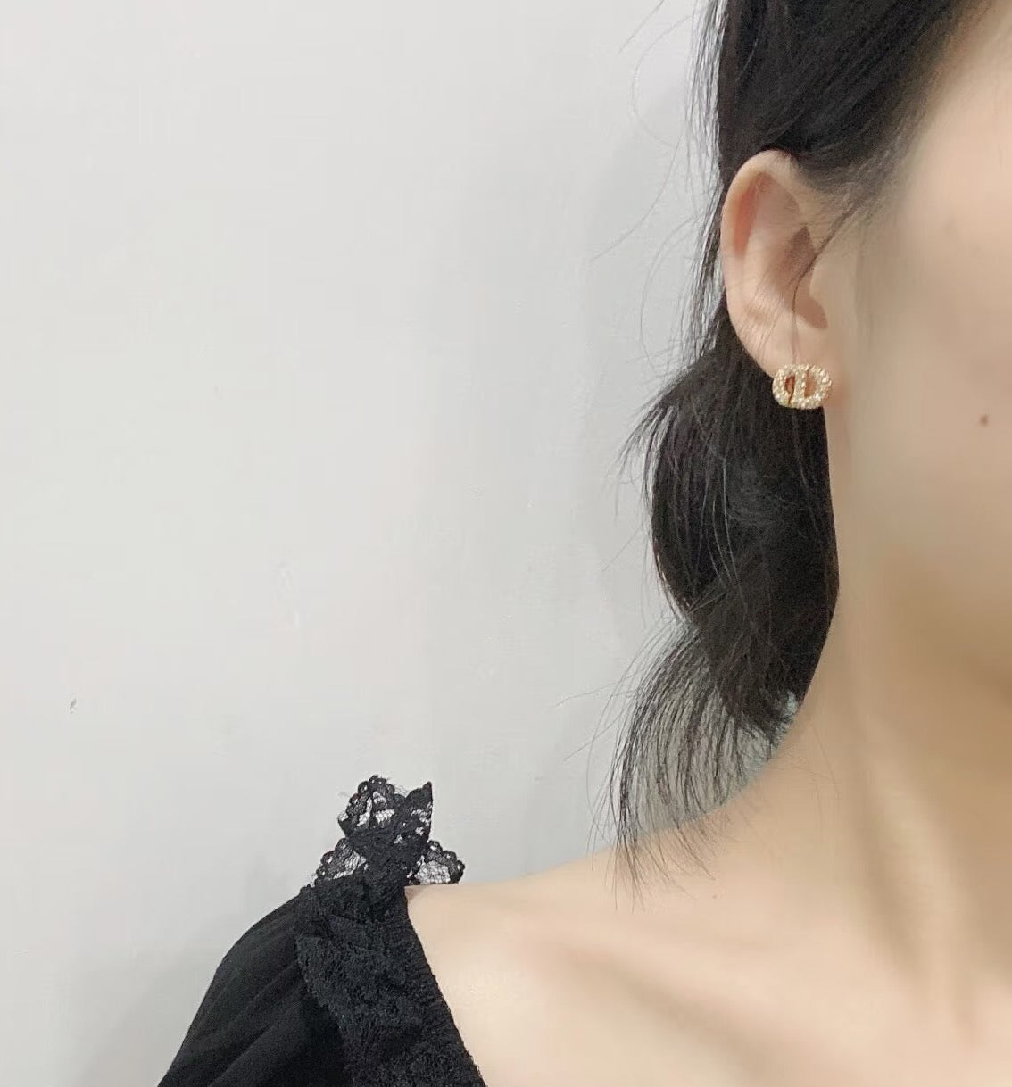 Graphic Letter Motif Stud Earrings in Polished Metal-Tone with Vintage-Style Finish – Design 010 side detail
