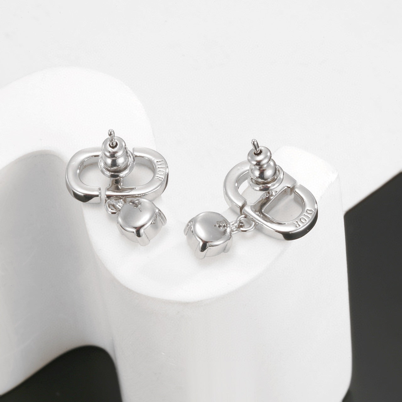 Graphic Letter Motif Stud Earrings in Polished Metal-Tone with Vintage-Style Finish – Design 009 styled view