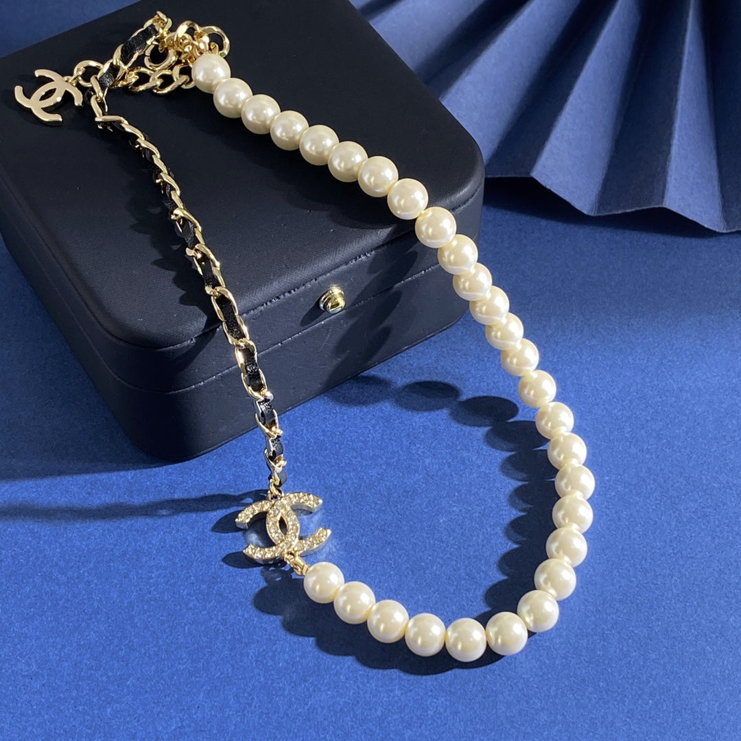 Double-C Emblem Pearl-Detail Pendant Necklace – Pearl Detail – Design 111 main product view