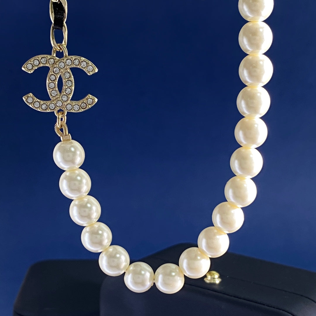 Double-C Emblem Pearl-Detail Pendant Necklace – Pearl Detail – Design 111 side detail