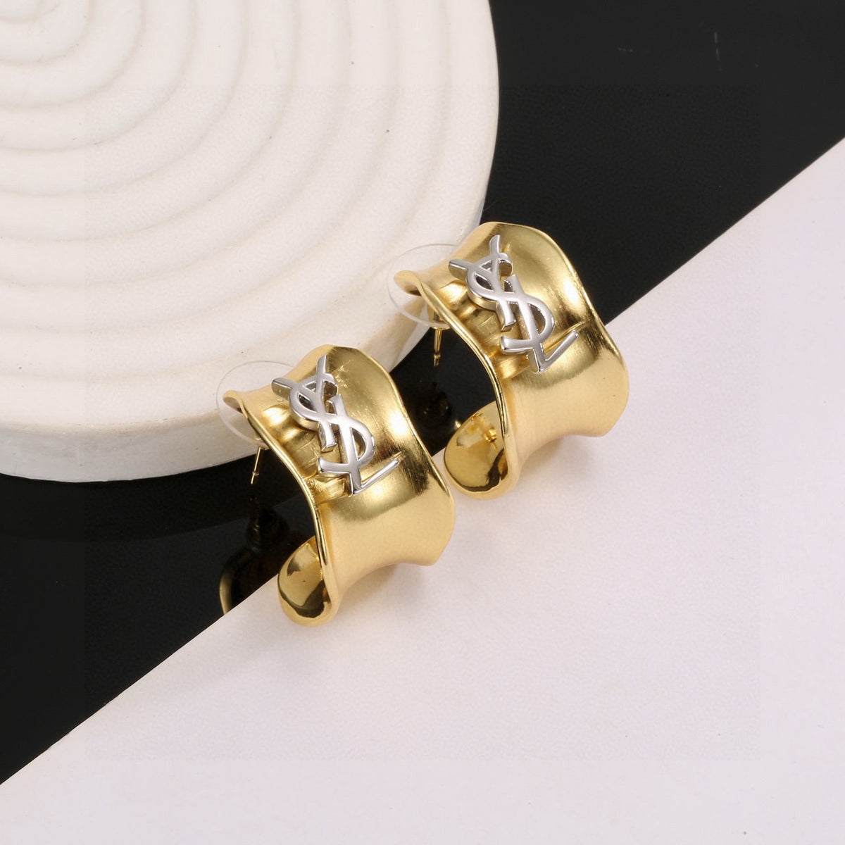 Geometric Emblem Stud Earrings in Gold-Tone – Design 010 main product view